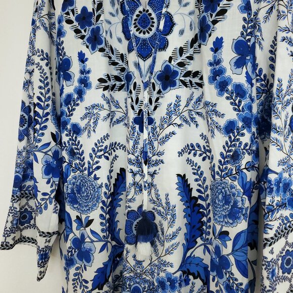 A Loves A Women's Floral Blu/White V-Neck Tassel Peasant Dress Size Large - Picture 8 of 15